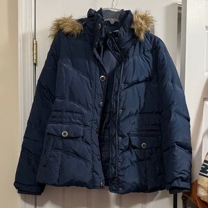 New York & Co Navy Puffer Jacket with Detachable faux Fur Hood